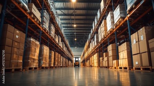 A spacious warehouse filled with stacked boxes on metal shelves, illuminated by overhead lights, creating a structured and organized environment.