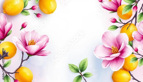 Soft watercolor wash of magnolia blossoms and lemons on a seamless background,  texture,  green