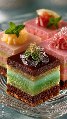 Elegant arrangement of three gourmet dessert squares on white porcelain plate