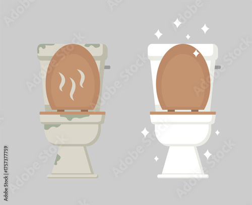 Dirty toilet and clean shiny toilet. Cleaning concept. Vector stock