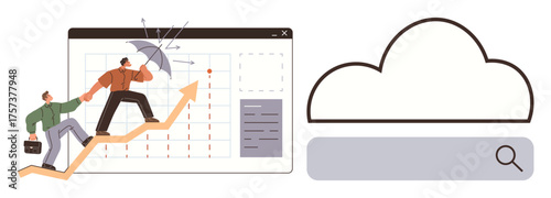 Two people climb an arrow-shaped graph one holds an umbrella against obstacles while the other carries a briefcase. Cloud search and analytics. Ideal for progress, teamwork, goal achievement