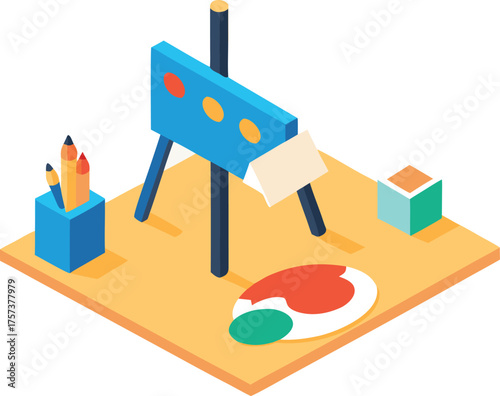 Isometric creative artist corner with easel palette and supplies vector illustration eps