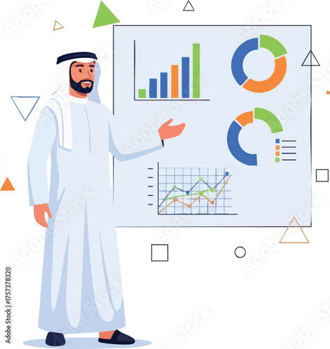 Arab businessman presenting financial data on a whiteboard.