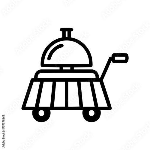 Vector art of a black and white line art icon of a hotel bell on a trolley with wheels