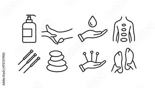 Minimalist Monoline Vector Icon Set of Spa, Wellness, Massage, and Alternative Healing Therapies, featuring Body Care, Acupuncture, and Hot Stone Treatments.