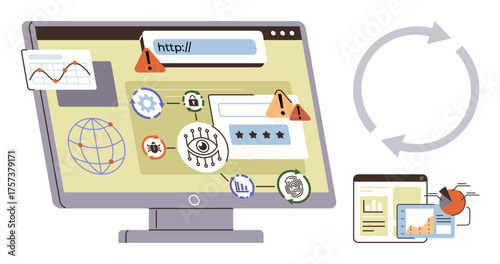 Computer screen featuring warnings, login security prompts, gears, global network, and analysis charts. Ideal for cybersecurity, data privacy, online threats, system updates technology risk