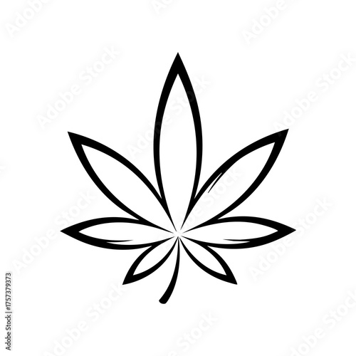 Vector art of a stylized black and white outline of a cannabis leaf, representing marijuana or hemp, isolated on a