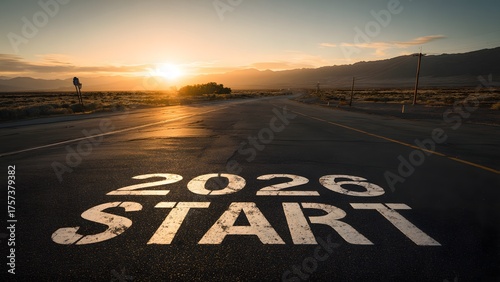 2026 start text on road under sunrise symbolizing new beginning