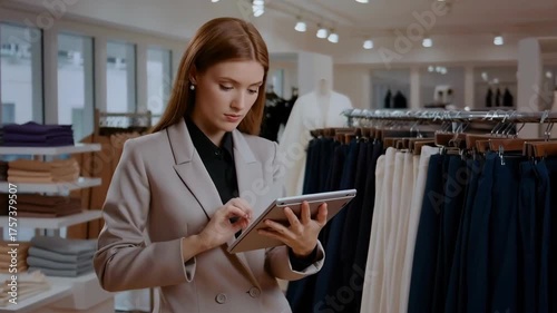 Woman in a beige suit using a tablet in a clothing store