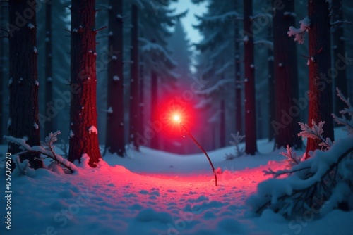 Rudolph s Snowy Woodland Trail A whimsical forest scene dusted with fresh snow. A single, glowing red nose is visible in the distance, leading down a winding path through tall, snow laden pine trees.