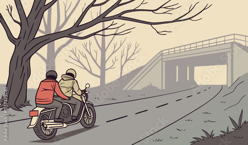 colorfull scene Two friends riding a motorbike on a foggy winter day, thick mist covering the road, headlights cutting through the fog, an underpass visible ahead, both wearing jackets and mufflers, c