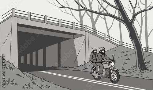 colorfull scene Two friends riding a motorbike on a foggy winter day, thick mist covering the road, headlights cutting through the fog, an underpass visible ahead, both wearing jackets and mufflers, c