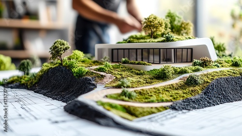 Architectural Model Featuring Modern House Design, Landscape, and Layout on Blueprint Plans