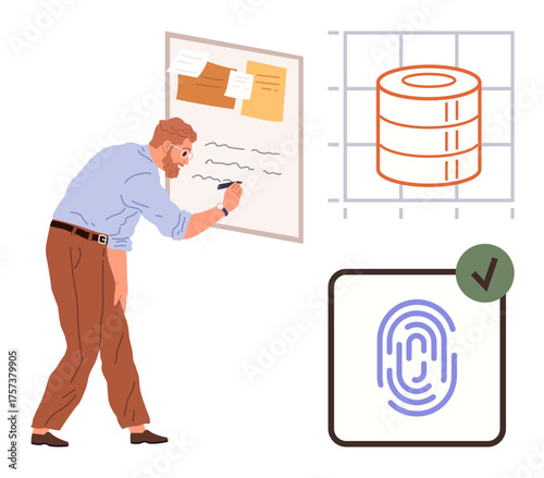 Man writing on board, database analysis chart, fingerprint with checkmark symbolizing security. Ideal for data management, security, business planning, analytics, brainstorming, IT concepts simple