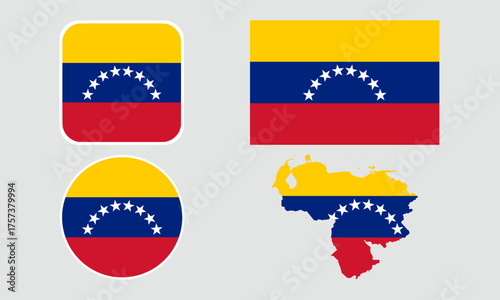 Venezuela Flag Icon Set. Round, Square, Rectangular, and Map Shapes. Ideal for presentations, infographics, apps, and web design.