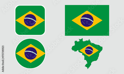 Brazil Flag Icon Set. Round, Square, Rectangular, and Map Shapes. Ideal for presentations, infographics, apps, and web design.