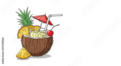 Tropical coconut cocktail with pineapple and cherry garnish.