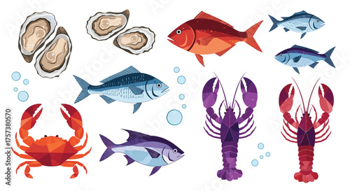 A vibrant collection of seafood illustrations including oysters crab lobsters and various fish.