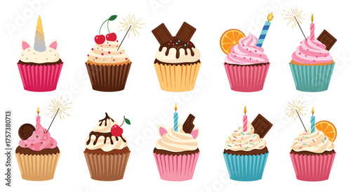 A collection of delicious and colorful cupcakes with unique decorations.