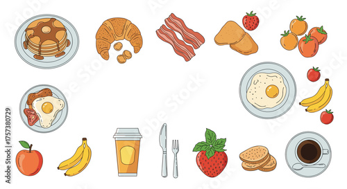 A variety of breakfast foods and drinks are arranged in a frame.