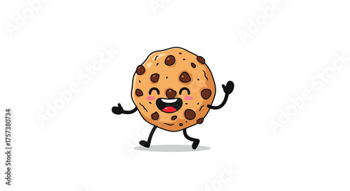 A happy chocolate chip cookie with arms and legs is dancing joyfully.