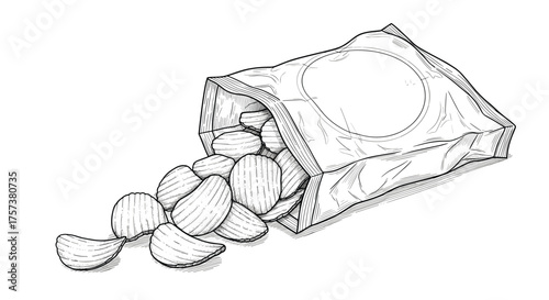 Crispy potato chips spilling out of an open bag.