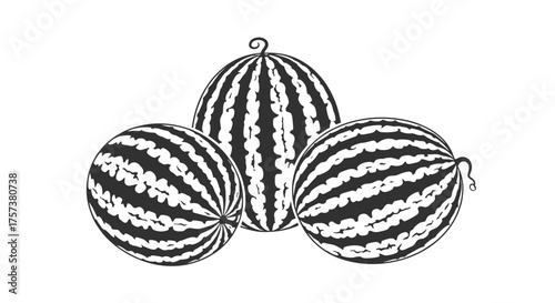 Three striped watermelons arranged in a triangular formation.