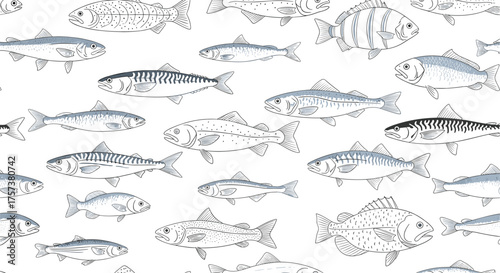 A repeating pattern of small fish illustrations on a white background.