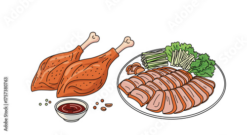 Delicious roasted duck and crispy chicken legs with dipping sauce served on a platter