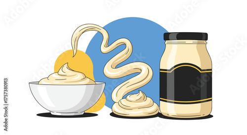 Creamy mayonnaise drizzling onto a bowl and jar.