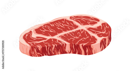 A close up detailed view of a raw marbled beef steak for cooking.