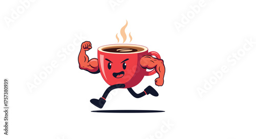 Energetic cup of coffee running with muscular arms.