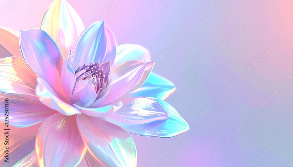 Fototapeta premium Holographic flower banner, copy space. Surreal flower in iridescent tones. Abstract bloom with holographic hues frame