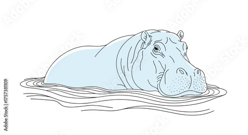 A light blue hippopotamus partially submerged in wavy water.