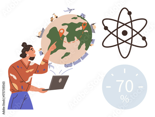 Woman with laptop pointing at geotagged globe with transport, buildings, airplanes, atom icon, and progress indicator. Ideal for global communication, technology, data, education progress