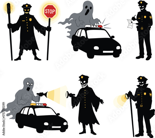 Ghost police officer illustration, supernatural law enforcement art, cartoon ghost cop, paranormal police character, spooky ghost patrol, fantasy police artwork
