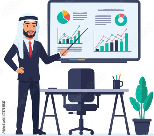 Arab Businessman Presenting Financial Data on Screen with Charts.