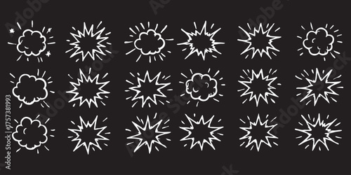 Black and white comic book style graphic element, including explosions, wind, stars, and lightning bolts. vector illustration