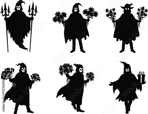 Halloween ghost silhouettes, spooky grim reaper characters, eerie costume design, creepy figure art, haunted illustration, dark fantasy theme, skeleton faces, festive concept