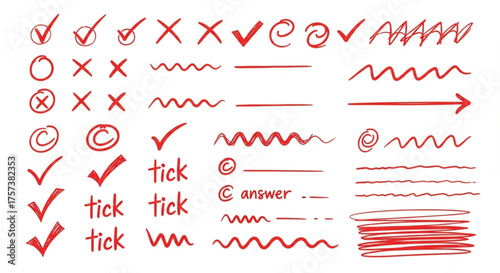 Hand-Drawn Red Correction Marks & Ticks Set
