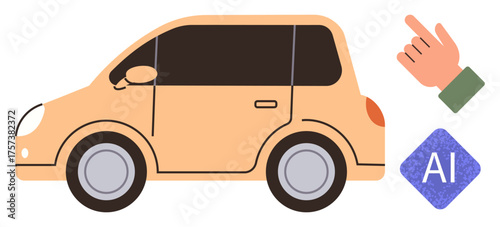Side view of a small yellow car, stylized hand gesture symbol, and AI icon. Ideal for automation, AI control, innovation, transportation, smart tech, digital progress simple flat metaphor