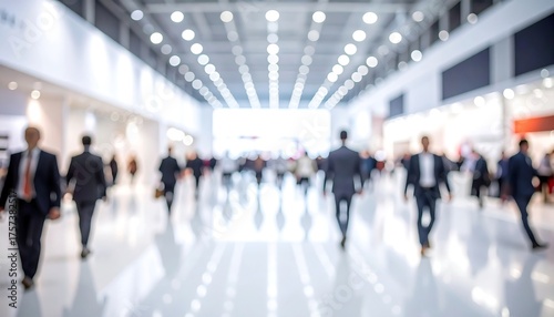 Blurred shot of business people walking in a large, modern exhibition hall