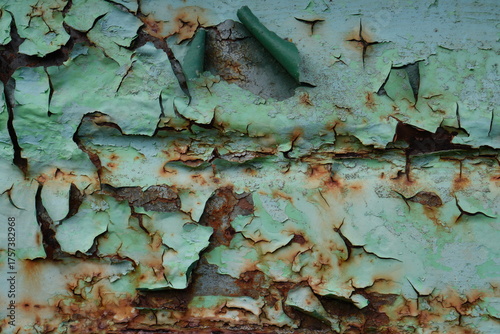 Grungy Peeling Green Paint on Rusted Metal Surface