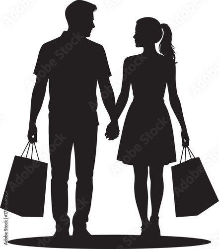 Couple Shopping Silhouette Holding Hands with Bags in Vector Illustration for Commerce Design