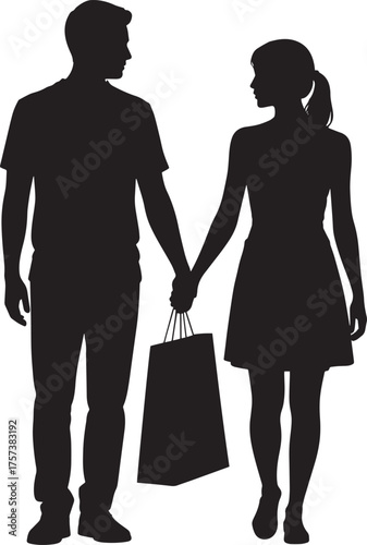 Couple Shopping Silhouette Holding Hands with Bag in Vector Illustration for Modern Market