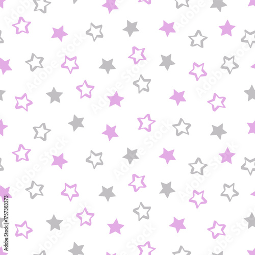 Stars is in pink and grey. Seamless pattern of delicate pastel colors stars. Vector illustration, background or wallpaper.
