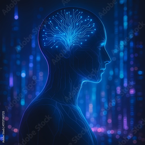 Human silhouette filled with glowing data lines and AI patterns — merging humanity with technology.
