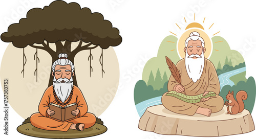 Ancient wise sage meditating under a banyan tree and on a mountaintop