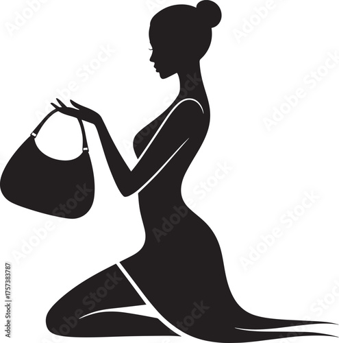 Seated Girl with Handbag Silhouette Black Design Elegant Woman Fashion Illustration