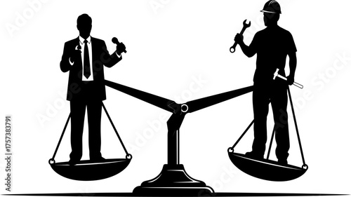 Silhouettes of a businessman and a laborer on a balanced scale representing equality
